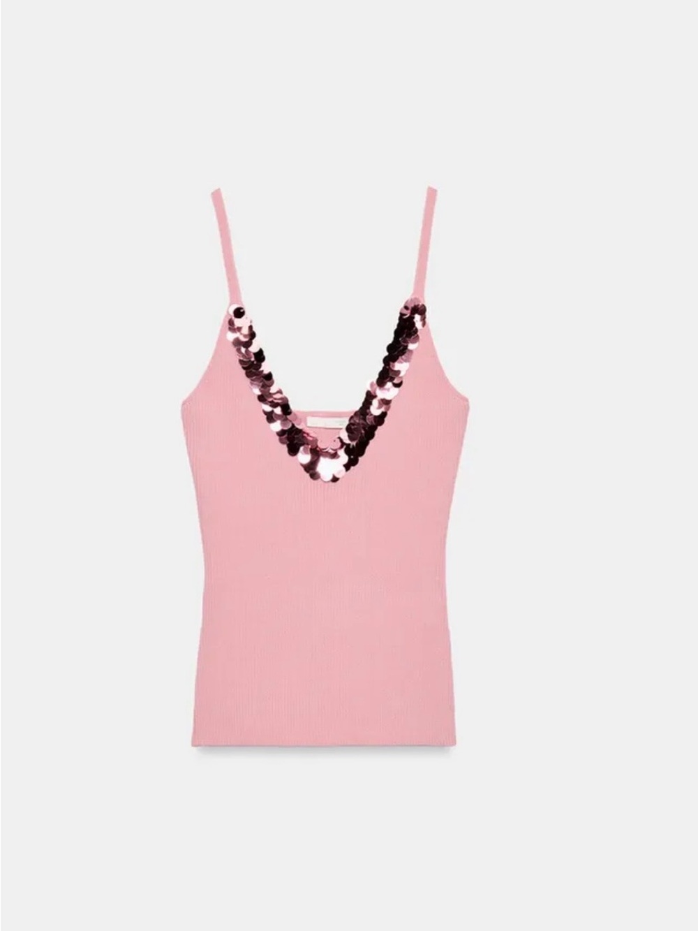 Zara Ribbed V-Neck Sequin-Trim Tank Top in Dusty Pink - Picture 2 of 7